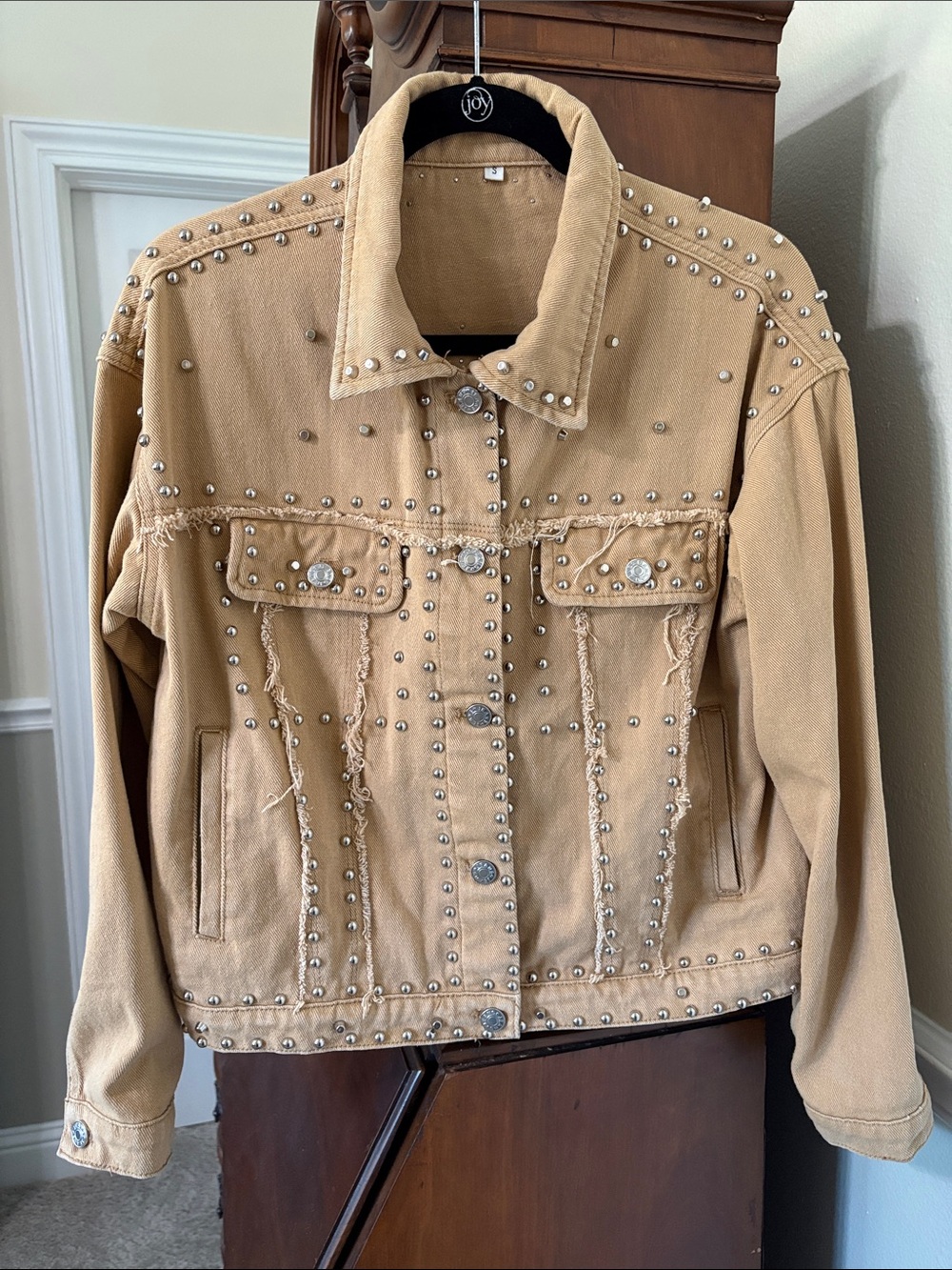 Studded Distressed Frayed Oversized Tan Denim Jacket Festival Bohemian Western